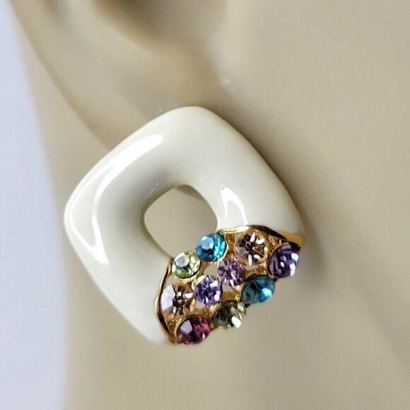 White Square Earrings With colorful Crystals - Picture 1 of 7